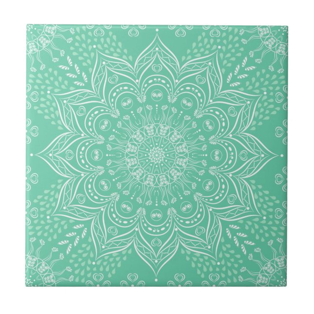 Azulejo De Cerâmica Elegante Light Green Boho Mandala (Frente)