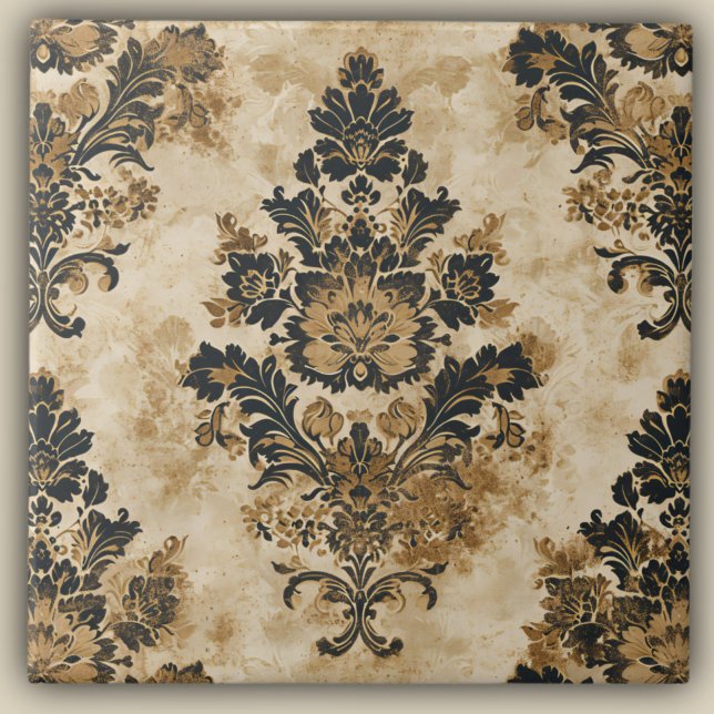 Azulejo De Cerâmica Elegante Luxurioso Dourado Beige Ivory Damask (Criador carregado)