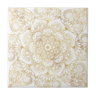 Azulejo De Cerâmica Elegante Mandala Floral em Ouro Branco