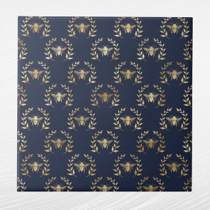 Azulejo De Cerâmica Elegante Marinho Blue Dourado Bees Laurel Wreath