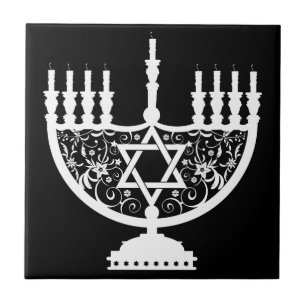 Azulejo De Cerâmica Elegante Menorá de Hanukkah com Estrela de Davi Fl