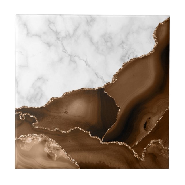 Azulejo De Cerâmica Elegante Mocha Brown Agate Dourado Mármaco (Frente)