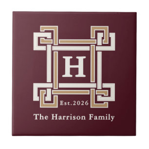 Azulejo De Cerâmica Elegante Monograma Chave Grega Burgundy Personaliz