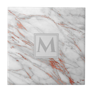 Azulejo De Cerâmica Elegante Monograma de Mármore Branco Cobre Dourado