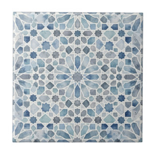 Azulejo De Cerâmica Elegante Mosaico Zellij Marroquino em Aquarela Azu