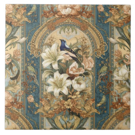 Azulejo De Cerâmica Elegante Nouveau Floral Vintage com Aves