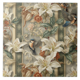 Azulejo De Cerâmica Elegante Nouveau Floral Vintage com Aves