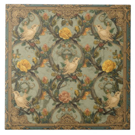 Azulejo De Cerâmica Elegante Nouveau Floral Vintage com Aves