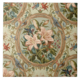 Azulejo De Cerâmica Elegante Nouveau Floral Vintage com Pássaros