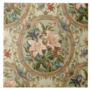 Azulejo De Cerâmica Elegante Nouveau Floral Vintage com Pássaros