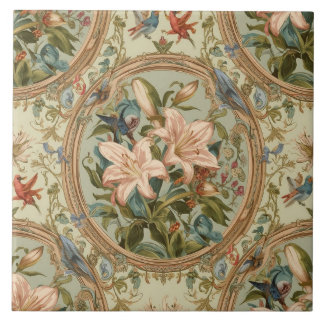 Azulejo De Cerâmica Elegante Nouveau Floral Vintage com Pássaros