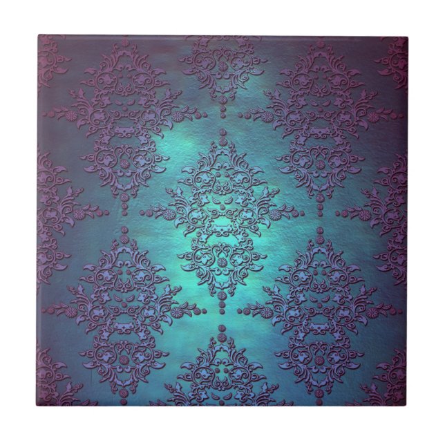 Azulejo De Cerâmica Elegante Padrão Damasko de Azul-turquesa a Roxo (Frente)