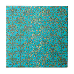 Azulejo De Cerâmica Elegante padrão de damasco em turquesa e dourado