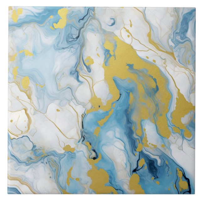 Azulejo De Cerâmica Elegante Padrão de Mármore Azul e Branco Dourado (Frente)