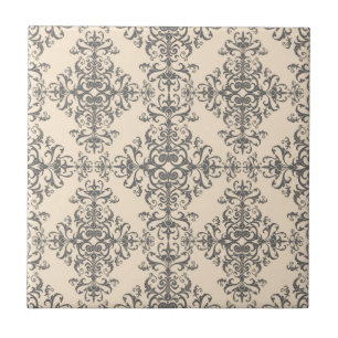 Azulejo De Cerâmica Elegante padrão estilo damasco em creme e cinza