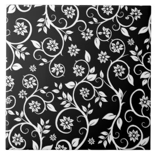 Azulejo De Cerâmica Elegante padrão floral preto e branco