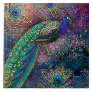 Azulejo De Cerâmica Elegante Peacock n Feather Vintage Glitter Dourado