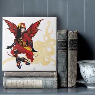 Azulejo De Cerâmica Elegante Polvo Fada Vitoriano Steampunk Vermelho