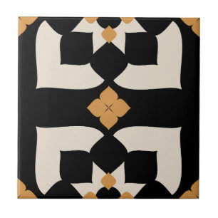 Azulejo De Cerâmica Elegante Preto e Branco Floral Abstrato Amarelo
