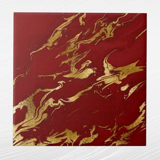 Azulejo De Cerâmica Elegante Red Dourado Faux Marble Christmas (Criador carregado)