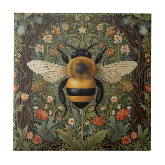 Azulejo De Cerâmica Elegante retro bumblebee boho botânico arte floral (Frente)