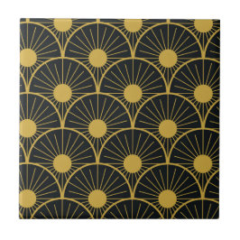 Azulejo De Cerâmica Elegante Sol Abstrato Dourado Art Déco em Preto