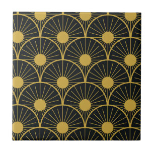 Azulejo De Cerâmica Elegante Sol Abstrato Dourado Art Déco em Preto