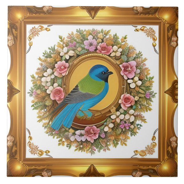Azulejo De Cerâmica Elegante Songbird Emitido na Ramificação Floral (Frente)