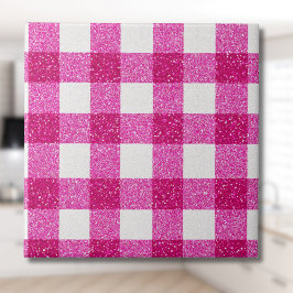Azulejo De Cerâmica Elegante Tartan de Brilho Rosa no Branco no Dia do