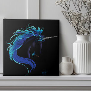 Azulejo De Cerâmica Elegante Unicórnio Preto Azul Prata Fantasia Mágic