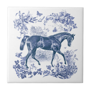 Azulejo De Cerâmica Elegante Vintage Azul Rústico Cavalo Floral