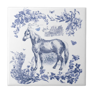 Azulejo De Cerâmica Elegante Vintage Blue Horse Floral