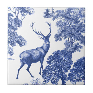 Azulejo De Cerâmica Elegante Vintage Blue Toile Deer in Woods