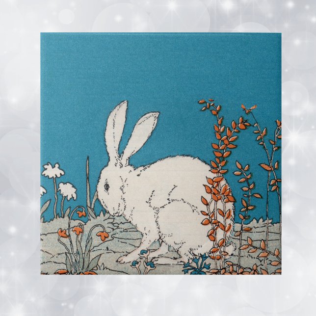 Azulejo De Cerâmica Elegante Vintage Coelho Branco (Fluffy white bunny sitiing in orange and white flowers on blue decorative ceramic tile.)