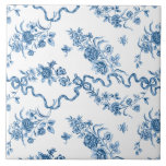 Azulejo De Cerâmica Elegante Vintage Rosas e fitas azuis gravadas<br><div class="desc">Rosas,  flores,  videiras,  folhas e borboletas,  azuis,  elegantes e românticas,  gravadas a azul,  com fitas e arcos entrelaçados sobre fundo branco.</div>