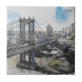 Azulejo De Cerâmica Elegante Watercolor Brooklyn Bridge NYC