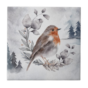 Azulejo De Cerâmica Elegante Watercolor Winter American Robin