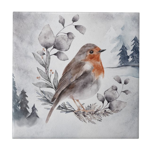 Azulejo De Cerâmica Elegante Watercolor Winter American Robin (Frente)