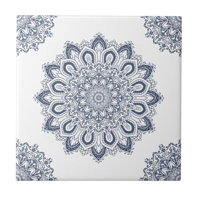 Azulejo De Cerâmica Elegante White Blue Mandala (Frente)