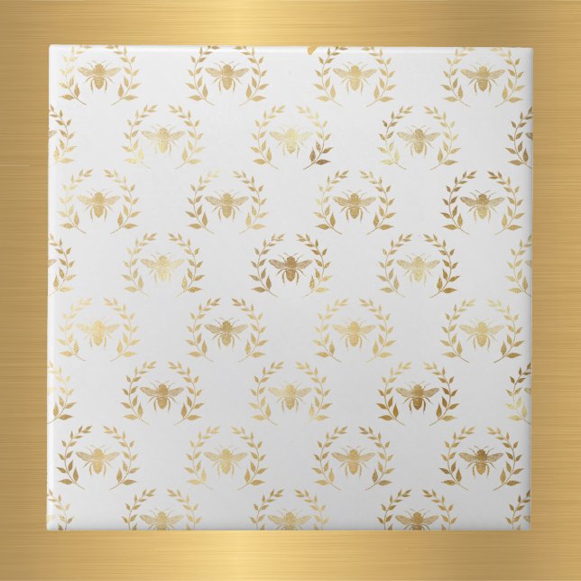 Azulejo De Cerâmica Elegante White Dourado Bees Laurel Wreath (Criador carregado)