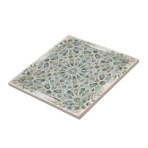 Azulejo De Cerâmica Elegante Zellij Marroquino em Aquarela Verde Sage