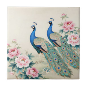 Azulejo De Cerâmica Elegantes Pavões Peônias Rosa Asiático 