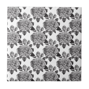 Azulejo De Cerâmica Elegantes Rosas Preto e Branco Flor Amante Floral