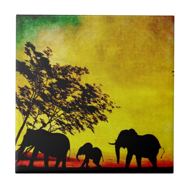 Azulejo De Cerâmica Elephants Sunset (Frente)