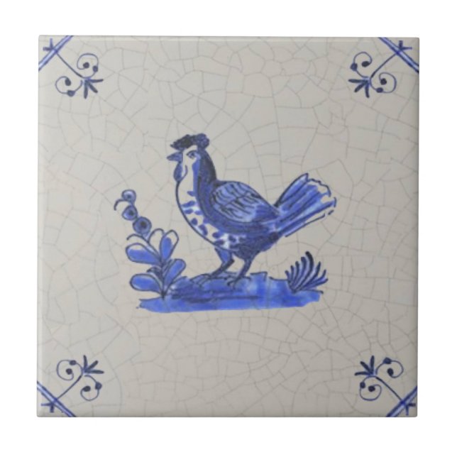 Azulejo De Cerâmica Elevação Azul Anterior Pintada Hen Antique Repro  (Frente)