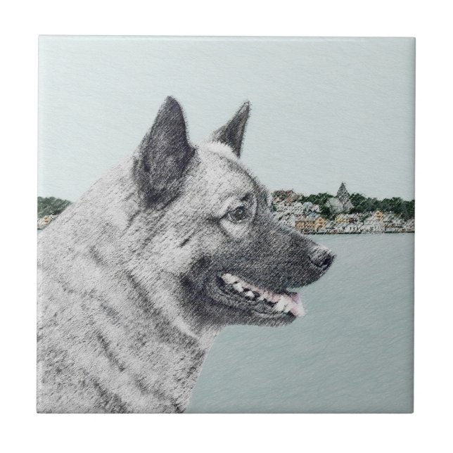 Azulejo De Cerâmica Elkhound norueguês na pintura da vila - Arte canin (Frente)
