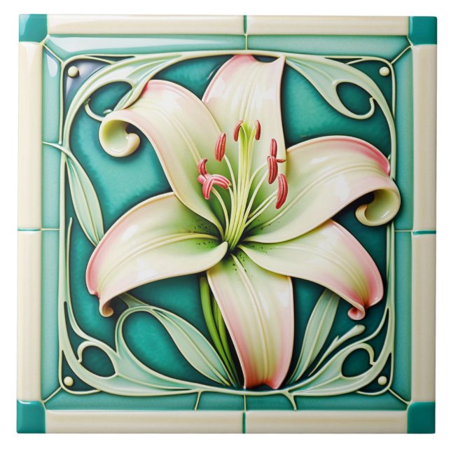 Azulejo de cerâmica em estilo Arte Nova com lírio. (Frente)