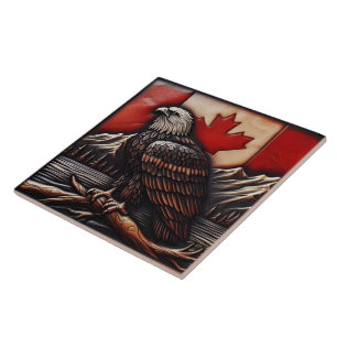 Azulejo De Cerâmica Emblema da águia na bandeira canadense com montanh
