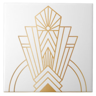 Azulejo De Cerâmica Emblema Luxuoso Art Déco em Ouro e Preto com Explo