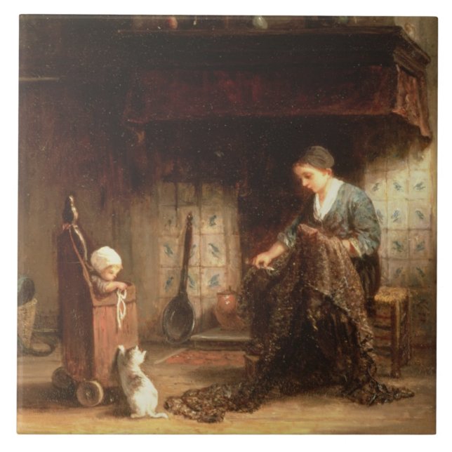 Azulejo De Cerâmica Emendando as redes (óleo no painel) (Frente)